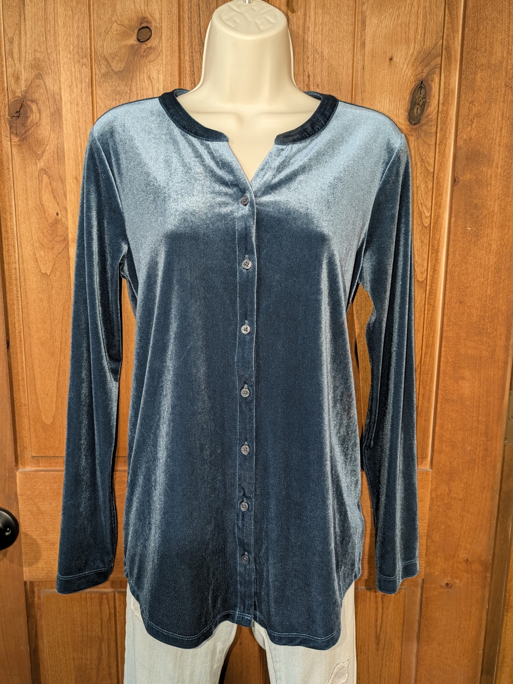 Lands' End Velvet Button-Front Long Sleeve Top - Teal Blue